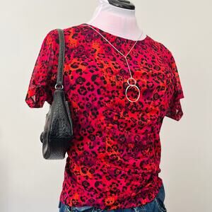 VTG Y2K Fashion Bug | Red Hot Pink + Orange Cheetah Print Micro Mesh Top | XL